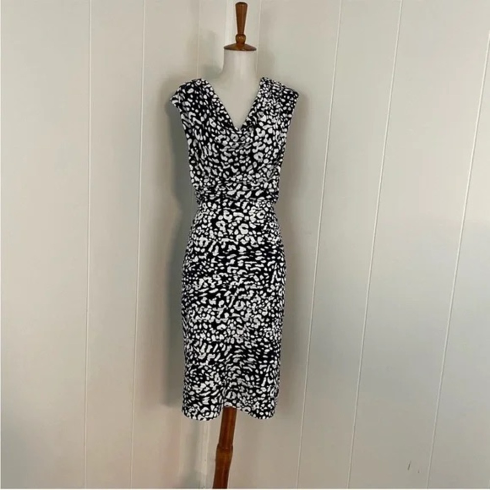 Adrianna Papell Animal Print Cowl Neck Sleeveless Shutter Pleat Sheath Dress